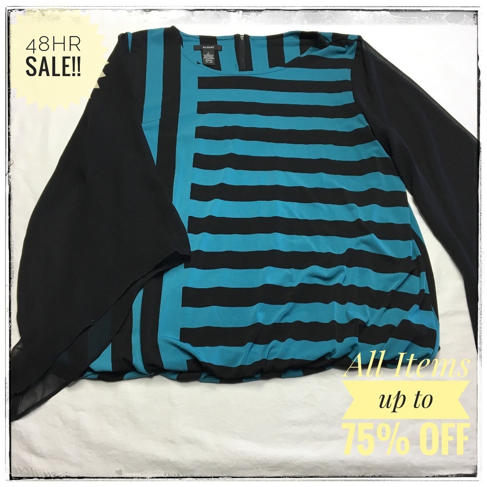 ALFANI LARGE BLUE BLACK LONG SHEER SLEEVE BLOUSE